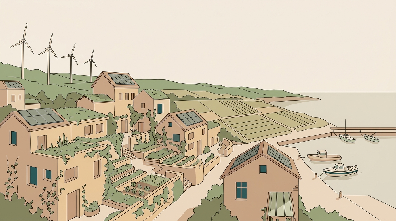A coastal village and its farmland divided into parcels, each carrying a small ledger mark