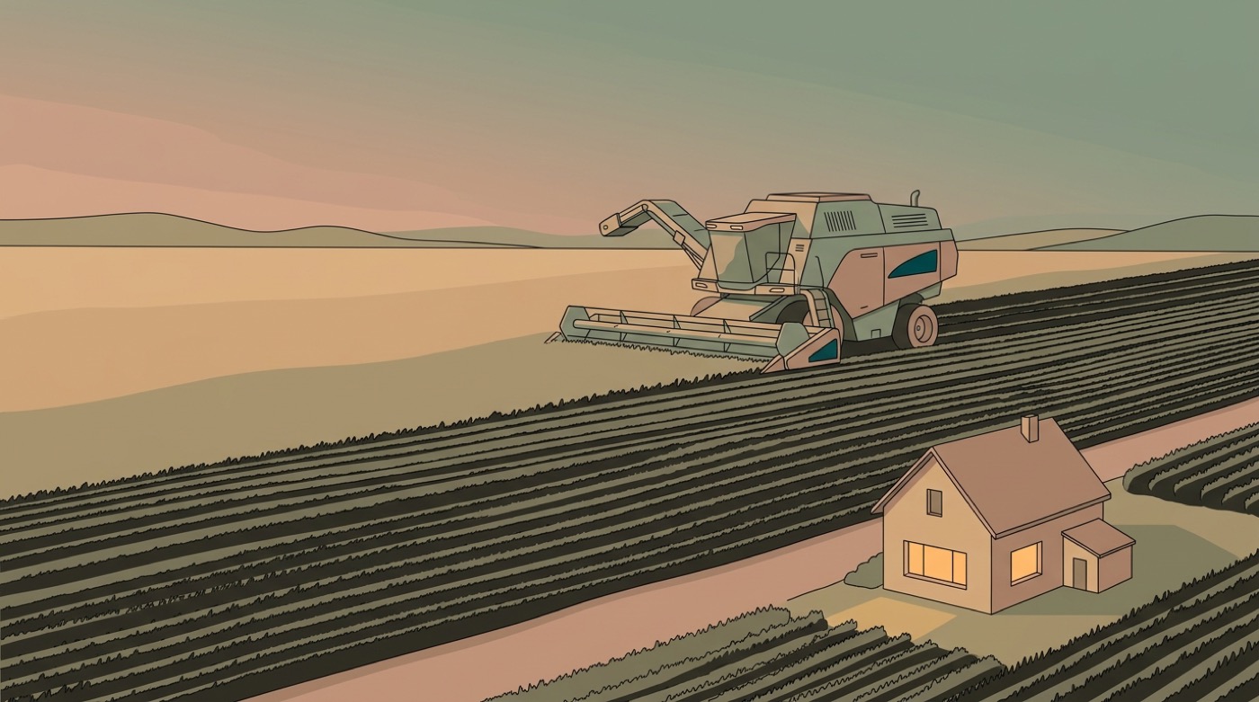 A vast autonomous harvester and a single lit farmhouse at dusk