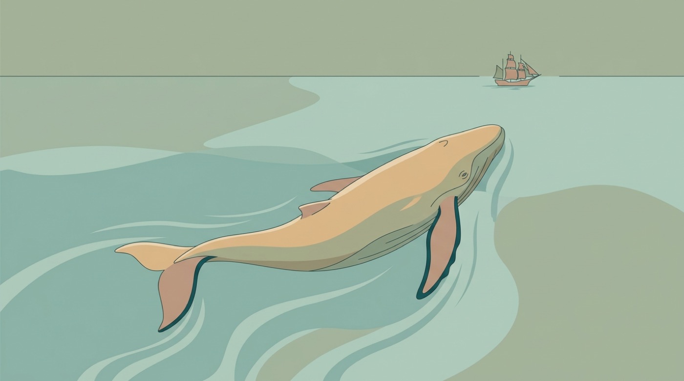 A whale gliding past a distant sailing ship